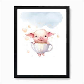 Baby Tea Cup Pig Flying With Ballons, Watercolour Nursery Art 2 Art Print