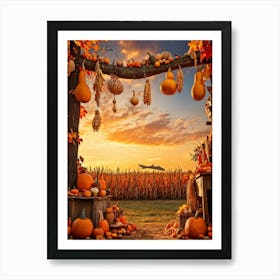 A Photograph Showcasing A Thanksgiving Festival Scene Set In A Rustic Fall Evening Wooden Decoratio Art Print