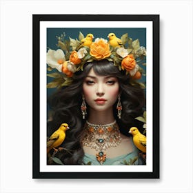 Asian Girl With Birds Art Print