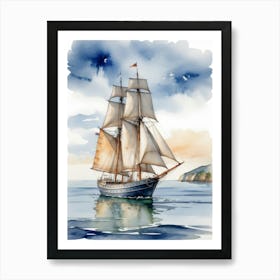 Sailing ship on the sea, watercolor painting 3 Poster