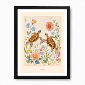 Folksy Floral Animal Drawing Turtle Poster Art Print