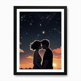 Couple Kissing Under The Stars Print Art Print