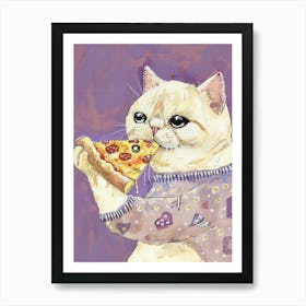 White Cat Pizza Lover Folk Illustration 2 Art Print