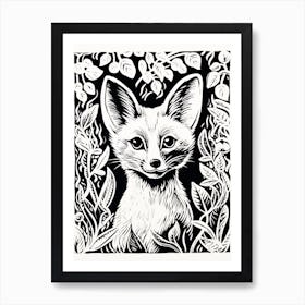 Fox In The Forest Linocut White Illustration 21 Art Print