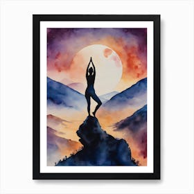 Yoga at Full Moon - Contemplating Serenity Calm Yogi Pose Meditating Spiritual Grounding Heart Open Buddhist Indian Travel Guidance Wisdom Peace Love Witchy Beautiful Watercolor Woman Trees Blue Silhouette Art Print