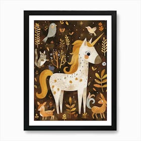Unicorn In The Meadow With Abstract Woodland Animal Friends Muted Pastel 1 Art Print
