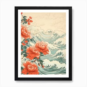 Great Wave With Lily Flower Drawing In The Style Of Ukiyo E 3 Art Print