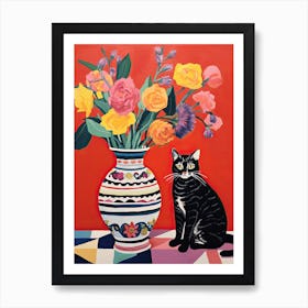 Foxglove Flower Vase And A Cat, A Painting In The Style Of Matisse 0 Art Print