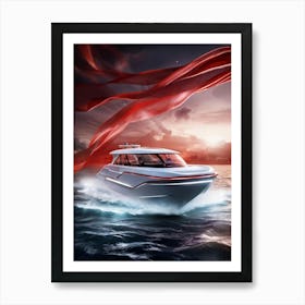 Sketch Style Boat On Artificial Intelligence Themed Sea Brush Strokes Visible Imagery Of Ethereal Art Print