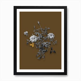 Vintage Dwarf Rosebush Black and White Gold Leaf Floral Art on Coffee Brown Art Print