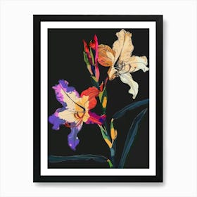 Neon Flowers On Black Gladiolus 4 Art Print