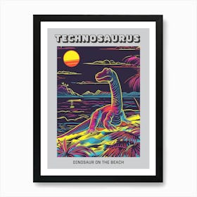 Neon Lines Dinosaur On The Beach Poster Art Print