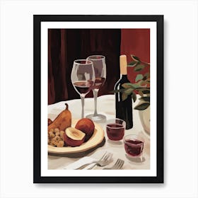 Atutumn Dinner Table With Cheese, Wine And Pears, Illustration 6 Art Print