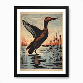 Vintage Bird Linocut Canvasback 2 Art Print