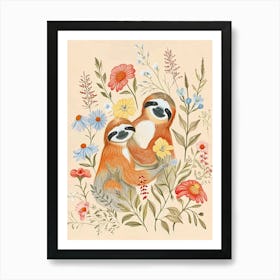 Folksy Floral Animal Drawing Sloth 2 Art Print