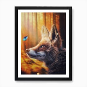 Fox And Blue Butterfly in Autumnal Forest Art Print