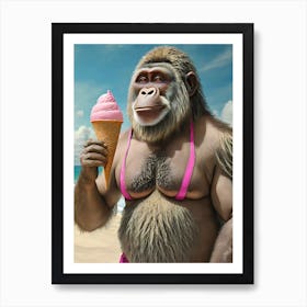 Gorrila Eats Pink Ice Cream On The Beach Art Print