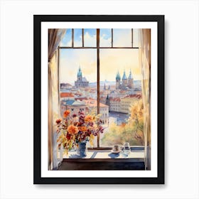 Window View Of Prague Czech Republic In Autumn Fall, Watercolour 3 Art Print