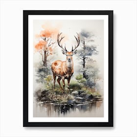 A Deer, Japanese Brush Painting, Ukiyo E, Minimal 2 Art Print