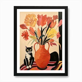 Orchid Flower Vase And A Cat, A Painting In The Style Of Matisse 3 Art Print