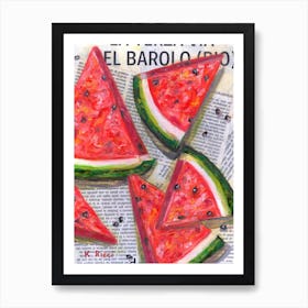 Red Watermelon Slices On Newspaper Minimal Food Kitchen Fruit Painting  Art Print