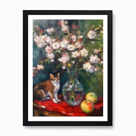 Flower Vase Apples Blossom With A Cat 4 Impressionism, Cezanne Style Art Print