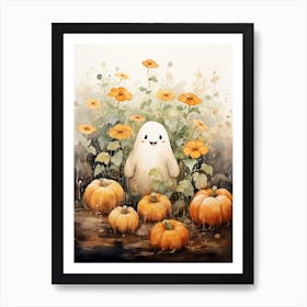 Cute Bedsheet Ghost, Botanical Halloween Watercolour 54 Art Print