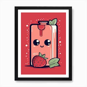 Strawberry Juice Box With A Cat Kawaii Illustration 1 Art Print