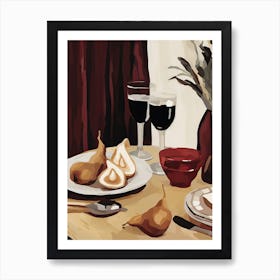 Atutumn Dinner Table With Cheese, Wine And Pears, Illustration 8 Art Print