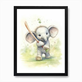 Elephant Painting Playing Tennis Watercolour 3 Art Print