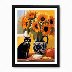 Sunflower Flower Vase And A Cat, A Painting In The Style Of Matisse 2 Art Print