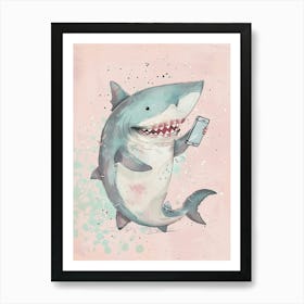 Shark On A Smartphone Pastel Illustration 1 Art Print