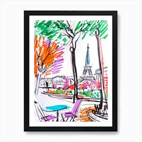 Parisien Street with view on a Eiffel Tower. Matisse Style Travel French Sketch Art Print