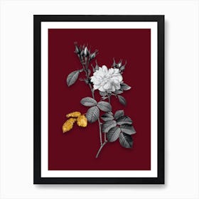 Vintage Autumn Damask Rose Black and White Gold Leaf Floral Art on Burgundy Red n.0597 Art Print