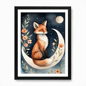 Floral Cute Fox Watercolor Moon Paining (11) Art Print