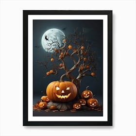 Halloween Tree With Pumpkins Art Print