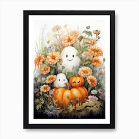 Cute Bedsheet Ghost, Botanical Halloween Watercolour 46 Art Print