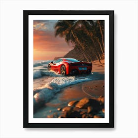 Red Ferrari On The Beach Art Print