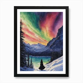 Down by the Lake - Under a Rainbow Sky, A Witch Watches the Light Dance of Aurora Borealis, The Northern Lights in Lapland, Snowing Winter Yule Scene - Pagan Wiccan Wheel of the Year by Lyra the Lavender Witch Art Print