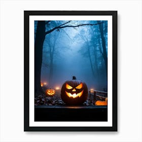 Fog Holiday Greeting Scarey Evil Dark Ominous Leaf Stripes Haunting Wood Carving Flames (14) Art Print