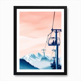 Silhouette Ski Chair Lift Pink Sky Evening High Piste Misaligned Art Print