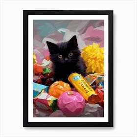A Black Cat Kitten Oil Painting 3 Art Print