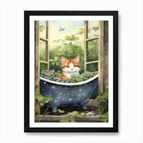 Japanese Bobtail Cat In Bathtub Botanical Bathroom 3 Art Print