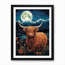 Digital Painting Of Highland Cow In The Moonlight 1 Art Print