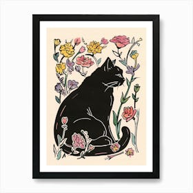 Cute Black Cat With Flowers Illustration 3 Art Print