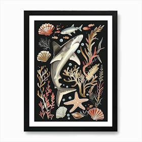 Blacktip Reef Shark Seascape Black Background Illustration 2 Art Print