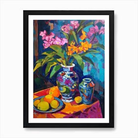 Orchids With A Cat 4 Fauvist Style Painting Art Print