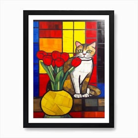 Ranunculus With A Cat 1 De Stijl Style Mondrian Art Print