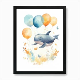 Whale Flying With Autumn Fall Pumpkins And Balloons Watercolour Nursery 1 Art Print