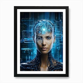 Abstract Painting Of A Cybernetic Human Head Integrating Seamlessly With A Futuristic Security Conce (1) Art Print